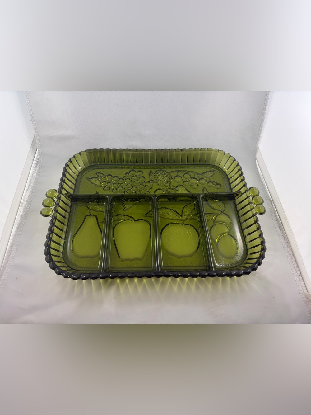 Vintage Indiana Glass Fruits Pattern 5 Part Divided Relish Tray Avocado Green